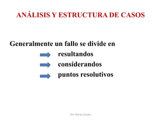 ANÁLISIS Y ESTRUCTURA DE CASOS

Generalmente un fallo se divide en
resultandos
considerandos
puntos resolutivos

Dra. Moray Claudia

 