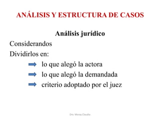 ANÁLISIS Y ESTRUCTURA DE CASOS
Análisis jurídico

Considerandos
Dividirlos en:
lo que alegó la actora
lo que alegó la demandada
criterio adoptado por el juez

Dra. Moray Claudia

 