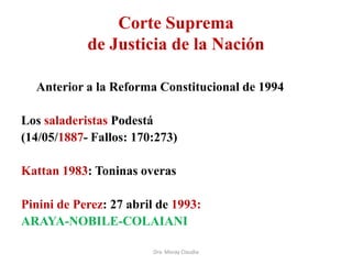 Corte Suprema
de Justicia de la Nación
Anterior a la Reforma Constitucional de 1994
Los saladeristas Podestá
(14/05/1887- Fallos: 170:273)
Kattan 1983: Toninas overas
Pinini de Perez: 27 abril de 1993:
ARAYA-NOBILE-COLAIANI
Dra. Moray Claudia

 