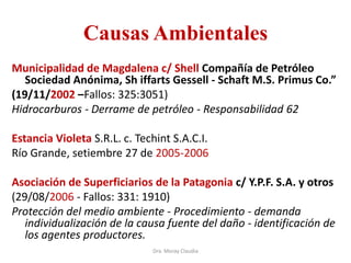 Causas Ambientales
Municipalidad de Magdalena c/ Shell Compañía de Petróleo
Sociedad Anónima, Sh iffarts Gessell - Schaft M.S. Primus Co.”
(19/11/2002 –Fallos: 325:3051)
Hidrocarburos - Derrame de petróleo - Responsabilidad 62
Estancia Violeta S.R.L. c. Techint S.A.C.I.
Río Grande, setiembre 27 de 2005-2006
Asociación de Superficiarios de la Patagonia c/ Y.P.F. S.A. y otros
(29/08/2006 - Fallos: 331: 1910)
Protección del medio ambiente - Procedimiento - demanda
individualización de la causa fuente del daño - identificación de
los agentes productores.
Dra. Moray Claudia

 