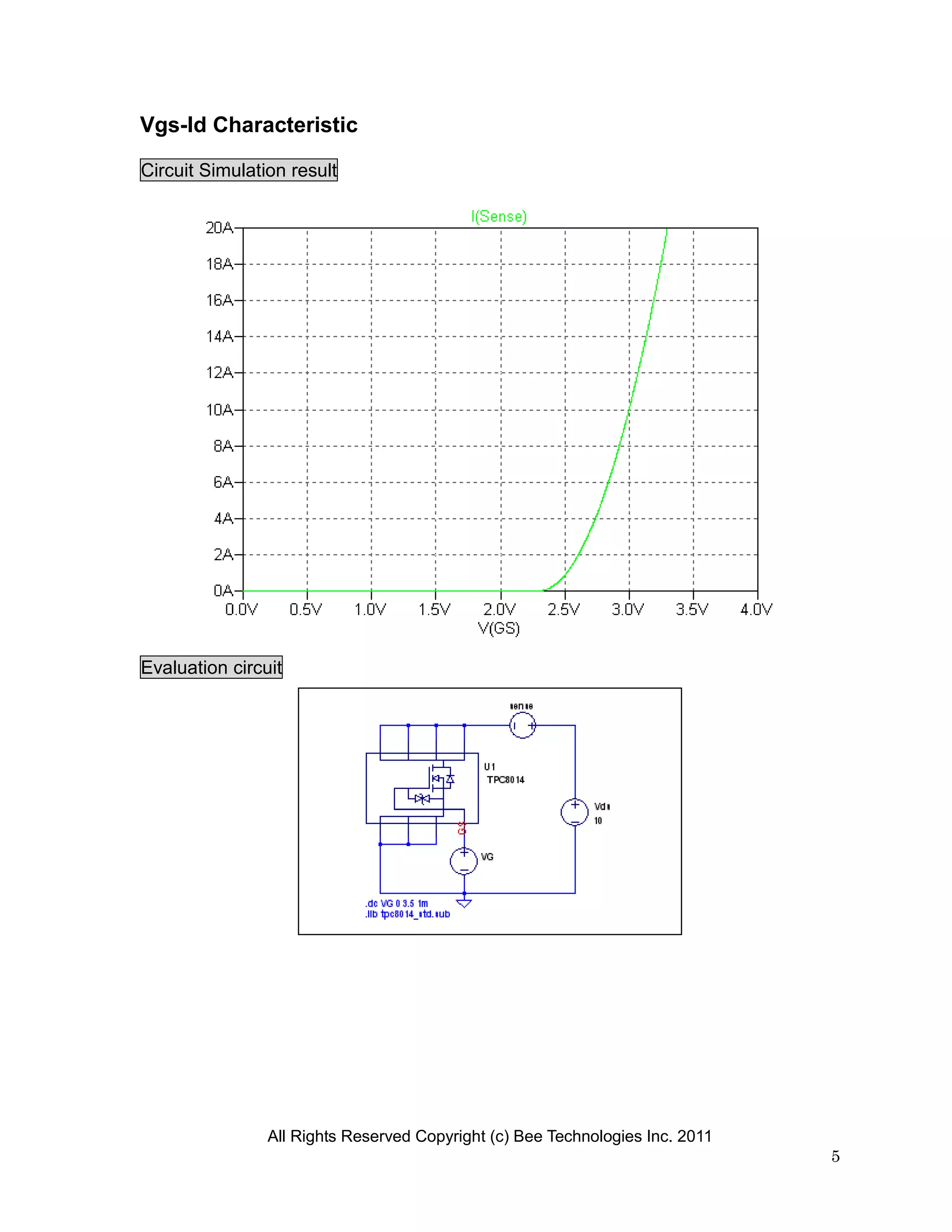 Vgs-Id Characteristic

Circuit Simulation result




Evaluation circuit




                All Rights Reserved Copyright (c) Bee Technologies Inc. 2011
                                                                               5
 