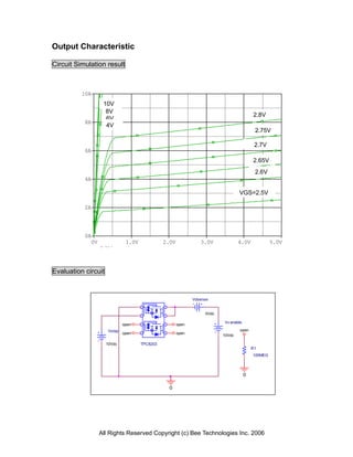 Output Characteristic
Circuit Simulation result
0V 1.0V 2.0V 3.0V 4.0V 5.0V
I(Vd )
0A
2A
4A
6A
8A
10A
6V
4V
8V
10V
2.8V
VGS=2.5V
2.6V
2.65V
2.75V
2.7V
Evaluation circuit
open
Vdsense
0Vdc
Vv ariable
10Vdc
open open
0
R1
100MEG
TPC8203
Vstep
10Vdc
0
open
open
All Rights Reserved Copyright (c) Bee Technologies Inc. 2006
 