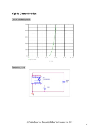 All Rights Reserved Copyright (C) Bee Technologies Inc. 2011
4
V_VGS
0V 1.0V 2.0V 3.0V 4.0V 5.0V
-I(VDS)
0A
14A
28A
42A
56A
70A
VGS
0
VDS
10V
U1
TPCA8058-H
Vgs-Id Characteristics
Circuit Simulation result
Evaluation circuit
 