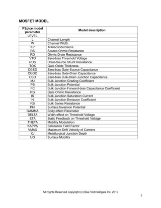 All Rights Reserved Copyright (c) Bee Technologies Inc. 2010
2
MOSFET MODEL
PSpice model
parameter
Model description
LEVEL
L Channel Length
W Channel Width
KP Transconductance
RS Source Ohmic Resistance
RD Ohmic Drain Resistance
VTO Zero-bias Threshold Voltage
RDS Drain-Source Shunt Resistance
TOX Gate Oxide Thickness
CGSO Zero-bias Gate-Source Capacitance
CGDO Zero-bias Gate-Drain Capacitance
CBD Zero-bias Bulk-Drain Junction Capacitance
MJ Bulk Junction Grading Coefficient
PB Bulk Junction Potential
FC Bulk Junction Forward-bias Capacitance Coefficient
RG Gate Ohmic Resistance
IS Bulk Junction Saturation Current
N Bulk Junction Emission Coefficient
RB Bulk Series Resistance
PHI Surface Inversion Potential
GAMMA Body-effect Parameter
DELTA Width effect on Threshold Voltage
ETA Static Feedback on Threshold Voltage
THETA Mobility Modulation
KAPPA Saturation Field Factor
VMAX Maximum Drift Velocity of Carriers
XJ Metallurgical Junction Depth
UO Surface Mobility
 
