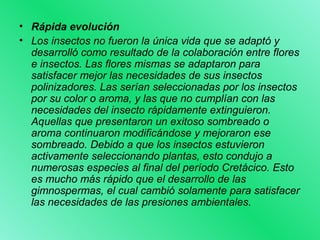• Rápida evolución 
• Los insectos no fueron la única vida que se adaptó y 
desarrolló como resultado de la colaboración entre flores 
e insectos. Las flores mismas se adaptaron para 
satisfacer mejor las necesidades de sus insectos 
polinizadores. Las serían seleccionadas por los insectos 
por su color o aroma, y las que no cumplían con las 
necesidades del insecto rápidamente extinguieron. 
Aquellas que presentaron un exitoso sombreado o 
aroma continuaron modificándose y mejoraron ese 
sombreado. Debido a que los insectos estuvieron 
activamente seleccionando plantas, esto condujo a 
numerosas especies al final del período Cretácico. Esto 
es mucho más rápido que el desarrollo de las 
gimnospermas, el cual cambió solamente para satisfacer 
las necesidades de las presiones ambientales. 
 