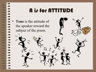 A is for ATTITUDE Tone  is the attitude of the speaker toward the subject of the poem.  