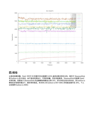 四.结论
从测试结果来看，flash 卡对于 IO 的提升对比普通的 SATA 盘来说是非常巨大的。相对于 ShannonDisk
和 fushion io 的卡来说，由于测试的两块卡，不同的容量，存在性能差异，ShannonDisk 的极限 TpmC
非常的高，但是由于 ShannonDisk 的运算模块等都会占用 CPU，所以存在比较大的抖动，而 fushion io
哪怕在多线程的情况下，都非常的稳定。而 800G 的 fushion io 对于 400G 的性能会提升在 30%，个人
比较推荐 fushion io 800G
 