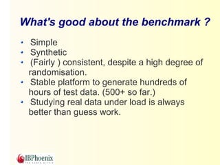 What's bad about the benchmark ? 
No blobs 
No stored procedures 
Nothing special at all, really 
Very few business rules ...