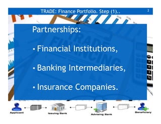 TRADE: Finance Portfolio. Step (1)..
Partnerships:
• Financial Institutions,
• Banking Intermediaries,
• Insurance Companies.
2
 