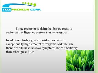 Some proponents claim that barley grass is 
easier on the digestive system than wheatgrass. 
In addition, barley grass is said to contain an 
exceptionally high amount of "organic sodium" and 
therefore alleviate arthritis symptoms more effectively 
than wheatgrass juice 
 