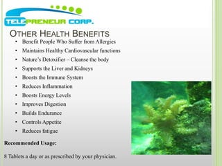 OTHER HEALTH BENEFITS 
• Benefit People Who Suffer from Allergies 
• Maintains Healthy Cardiovascular functions 
• Nature’s Detoxifier – Cleanse the body 
• Supports the Liver and Kidneys 
• Boosts the Immune System 
• Reduces Inflammation 
• Boosts Energy Levels 
• Improves Digestion 
• Builds Endurance 
• Controls Appetite 
• Reduces fatigue 
Recommended Usage: 
8 Tablets a day or as prescribed by your physician. 
 