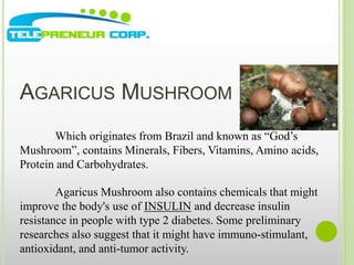 AGARICUS MUSHROOM 
Which originates from Brazil and known as “God’s 
Mushroom”, contains Minerals, Fibers, Vitamins, Amino acids, 
Protein and Carbohydrates. 
Agaricus Mushroom also contains chemicals that might 
improve the body's use of INSULIN and decrease insulin 
resistance in people with type 2 diabetes. Some preliminary 
researches also suggest that it might have immuno-stimulant, 
antioxidant, and anti-tumor activity. 
 