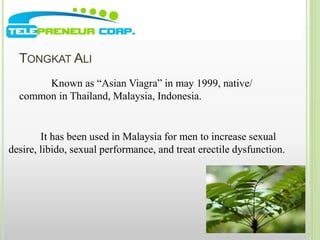 TONGKAT ALI 
Known as “Asian Viagra” in may 1999, native/ 
common in Thailand, Malaysia, Indonesia. 
It has been used in Malaysia for men to increase sexual 
desire, libido, sexual performance, and treat erectile dysfunction. 
 