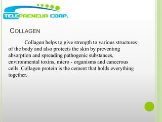COLLAGEN 
Collagen helps to give strength to various structures 
of the body and also protects the skin by preventing 
absorption and spreading pathogenic substances, 
environmental toxins, micro - organisms and cancerous 
cells. Collagen protein is the cement that holds everything 
together. 
 