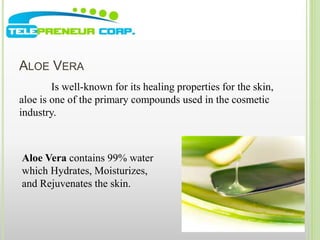 ALOE VERA 
Is well-known for its healing properties for the skin, 
aloe is one of the primary compounds used in the cosmetic 
industry. 
Aloe Vera contains 99% water 
which Hydrates, Moisturizes, 
and Rejuvenates the skin. 
 
