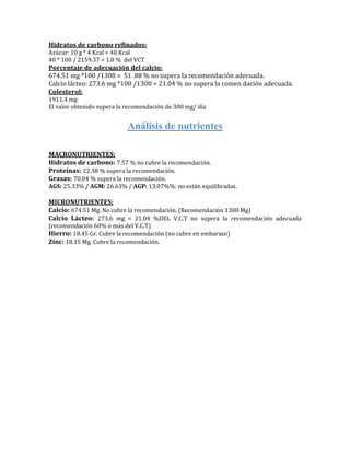 Hidratos de carbono refinados:
Azúcar: 10 g * 4 Kcal = 40 Kcal
40 * 100 / 2159.37 = 1.8 % del VCT
Porcentaje de adecuación del calcio:
674.51 mg *100 /1300 = 51 .88 % no supera la recomendación adecuada.
Calcio lácteo: 273.6 mg *100 /1300 = 21.04 % no supera la comen dación adecuada.
Colesterol:
1911.4 mg
El valor obtenido supera la recomendación de 300 mg/ día


                            Análisis de nutrientes

MACRONUTRIENTES:
Hidratos de carbono: 7.57 % no cubre la recomendación.
Proteínas: 22.38 % supera la recomendación.
Grasas: 70.04 % supera la recomendación.
AGS: 25.33% / AGM: 26.63% / AGP: 13.07%%: no están equilibradas.

MICRONUTRIENTES:
Calcio: 674.51 Mg. No cubre la recomendación. (Recomendación 1300 Mg)
Calcio Lácteo: 273.6 mg = 21.04 %DEL V.C.T no supera la recomendación adecuada
(recomendación 60% o más del V.C.T)
Hierro: 18.45 Gr. Cubre la recomendación (no cubre en embarazo)
Zinc: 18.15 Mg. Cubre la recomendación.
 