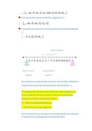 Z =  ,...4,3,2,1,0,1,2,3,4,5,6..., 
O conjunto dos números inteiros negativos é Z

.
Z

=  1,2,3,4,5,6..., 
O conjunto dos números inteiros positivos é representado por
Z 
.
Z 
= ,...4,3,2,1 
Números naturais
0 1 2 3 4 5 6 7 8
Númerosinteiros númerosinteiros
Negativos positivos
Se reunirmos o conjunto dos números fraccionários obtemos o
conjunto dos númerosracionais que se representapor Q.
O conjunto dos números que podem ser representados por
uma fracção de números inteiros chama-se conjunto dos
númerosracionais e representa-se por Q.
Q

: Números racionais positivos;
Q

: Números racionais negativos.
Na rectanumérica, acada ponto correspondente um númeroe
a cada número corresponde um pontodarecta.
 