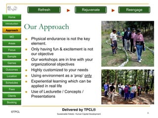 Refresh                              Rejuvenate             Reengage

  Home



               Our Approach
Introduction

Approach

   MO
                  Physical endurance is not the key
  Areas            element.
  Focus           Only having fun & excitement is not
                   our objective
 Sample
                  Our workshops are in line with your
 Games
                   organizational objectives
Outcomes          Highly customized to your needs
 Location         Using environment as a ‘prop’ only
Schedules         Experiential learning which can be
                   applied in real life
   Fees
                  Use of Lecturette / Concepts /
  Clients          Presentations
 Booking

                                      Delivered by TPCL®
     ©TPCL                                                                                   4
                                 Sustainable Holistic Human Capital Development
 