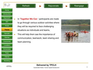 Refresh                                Rejuvenate             Reengage

  Home

Introduction

Approach
                  In ‘Together We Can ‘ participants are made
   MO
                   to go through various outdoor activities where
  Areas
                   they will be required to face challenging
  Focus            situations as individuals and teams.
 Sample
                  This will help them see the importance of
 Games
                   communication, teamwork, team sharing and
Outcomes           team planning.
 Location

Schedules

   Fees

  Clients

 Booking

                                          Delivered by TPCL®
     ©TPCL                                                                                       8
                                     Sustainable Holistic Human Capital Development
 