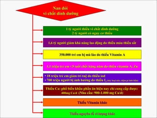 Nan đóiNan đói
vi chất dinh dưỡngvi chất dinh dưỡng
1 tỷ người thiếu vi chất dinh dưỡng1 tỷ người thiếu vi chất dinh dưỡng
2 tỷ người có nguy cơ thiếu2 tỷ người có nguy cơ thiếu
1,6 tỷ người giảm khả năng lao động do thiếu máu thiếu sắt1,6 tỷ người giảm khả năng lao động do thiếu máu thiếu sắt
350.000 trẻ em bị mù lào do thiếu Vitamin A350.000 trẻ em bị mù lào do thiếu Vitamin A
1,1 triệu trẻ em <5 tuổi chết hàng năm do thiếu vitamin A, Zn1,1 triệu trẻ em <5 tuổi chết hàng năm do thiếu vitamin A, Zn
• 18 triệu trẻ em giảm trí tuệ do thiếu iod18 triệu trẻ em giảm trí tuệ do thiếu iod
• 700 triệu người bị ảnh hưởng do thiếu I700 triệu người bị ảnh hưởng do thiếu I22 (hủy hoại não, chậm pt tinh thần)(hủy hoại não, chậm pt tinh thần)
Thiếu Ca: phổ biến khẩu phần ăn hiện nay chỉ cung cấp được:Thiếu Ca: phổ biến khẩu phần ăn hiện nay chỉ cung cấp được:
400mg Ca/d400mg Ca/d (Nhu cầu: 900-1.000 mg Ca/d)(Nhu cầu: 900-1.000 mg Ca/d)
Thiếu Vitamin khácThiếu Vitamin khác
Thiếu nguyên tố vi lượng khácThiếu nguyên tố vi lượng khác
 