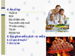 4. Ăn u ng:ố
- Thu c láố
- ROH
- Đ c t n m m cộ ố ấ ố
- Th c ph m p mu iự ẩ ướ ố
- TP chiên n ngướ
- Th t đị ỏ
- M bão hoàỡ
5. Suy gi m mi n d ch - t mi nả ễ ị ự ễ
6. L i gen di truy nỗ ề
7. G c t doố ự
 