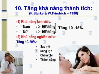 10. Tăng khả năng thành tích:
(K.Starke & W.Friedrich – 1986)
(1) Kh năng làm vi c:ả ệ
• Nam : ≥ 10l/tháng
• Nữ : ≥ 16l/tháng
(2) Kh năng nghiên c u:ả ứ
Tăng 10-20%:
• Say mê
• Sáng t oạ
• Chăm chỉ
• Thành công
Tăng 10 -15%
 