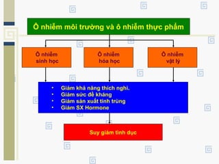 Ô nhiễm môi trường và ô nhiễm thực phẩm
Ô nhiễm
sinh học
Ô nhiễm
hóa học
Ô nhiễm
vật lý
• Giảm khả năng thích nghi.
• Giảm sức đề kháng
• Giảm sản xuất tinh trùng
• Giảm SX Hormone
Suy giảm tình dục
 