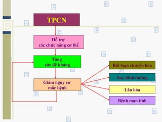 TPCN
Hỗ trợ
các chức năng cơ thể
Tăng
sức đề kháng
Giảm nguy cơ
mắc bệnh
Rối loạn chuyển hóa
Suy dinh dưỡng
Lão hóa
Bệnh mạn tính
 