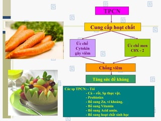 TPCN
Cung cấp hoạt chất
Ức chế
Cytokin
gây viêm
Chống viêm
Ức chế men
C0X - 2
Tăng sức đề kháng
Các sp TPCN: - Tỏi
- Cà – rốt, Sp thực vật.
- Probiotics
- Bổ sung Zn, vi khoáng.
- Bổ sung Vitamin
- Bổ sung Acid amin.
- Bổ sung hoạt chất sinh học
 
