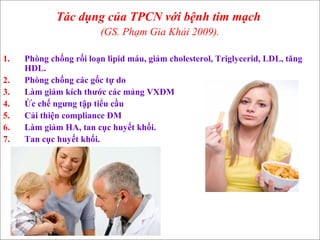 www.themegallery.com
Tác dụng của TPCN với bệnh tim mạch
(GS. Phạm Gia Khải 2009).
1. Phòng chống rối loạn lipid máu, giảm cholesterol, Triglycerid, LDL, tăng
HDL.
2. Phòng chống các gốc tự do
3. Làm giảm kích thước các mảng VXĐM
4. Ức chế ngưng tập tiểu cầu
5. Cải thiện compliance ĐM
6. Làm giảm HA, tan cục huyết khối.
7. Tan cục huyết khối.
 