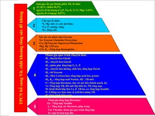 Tham gia cấu tạo thành phần TB, tổ chức
•O,C,H,N: chiếm 96,5%
•Nguyên tố đa lượng (Ca,P, Na, K, S, Cl, Mg): 3,43%.
•Nguyên tố vi lượng: 0,07%.
Cấu tạo tổ chức:
•S, Mg: mỡ, cơ, các mô khác.
•Ca, P: xương, răng.
•Fe: hồng cầu
Xúc tác các phản ứng Enzyme
•Se: Enzyme Glutation Peroxydase
•Cu: Hệ Enzyme Superoxyd Dismustase
•Mg: Hệ ATP-aza
•CO, B12 :Tổng hợp Hemoglobin …
Tham gia tổng hợp Hormone:
Zn : Tổng hợp Insullin
I2 : Tổng hợp các Hormone giáp trạng
Các Vitamin: tham gia quý trình tổng hợp
Se: loại bỏ kim loại độc
Tham gia quá trình chuyển hóa:
•B1 : chuyển hóa Glucid
•B2 : chuyển hóa Glucid
•B3 : phân giải, tổng hợp G, L, P.
•B5 : chuyển hóa đường, chất béo, tổng hợp Sterol.
•B6 : 60 Enzyme
•B8 : Men Carboxylate, tổng hợp acid béo, prtein.
•B9, B12 : tổng hợp acid Nucleic, HC, TB mới.
•C: Tổng hợp Hormone, duy trì sức bền thành mach, da.
•A: Tổng hợp TB, đổi mới lớp biểu bì, TB võng mạc.
•D: Kích thích hấp thu Ca, P, TB da, cơ, tổng hợp Insullin
•E: Chống oxy hóa, bảo vệ acid béo màng TB.
•K: Quá trình đông máu.
2
1
3
4
5
TPCNbổsungVit,chấtkhoángtăngsứcđềkháng
 