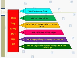 TPCN
Tăng
c ngườ
ch cứ
năng
gan
Tăng ch c năng chuy n hóaứ ể
Tăng ch c năng th i đ cứ ả ộ
1
2
TPCN cung c p ch t AO ch ng FR, b o vấ ấ ố ả ệ
TB gan
3
TPCN ch ng viêm, b o v TB ganố ả ệ4
TPCN tăng h mi n d ch → b o v “ S c kh e gan”ệ ễ ị ả ệ ứ ỏ5
TPCN làm ↓ nguy c các b nh đái đ ng, VXĐM, K, viêm ….ơ ệ ườ
→ b o v gan.ả ệ
6
 