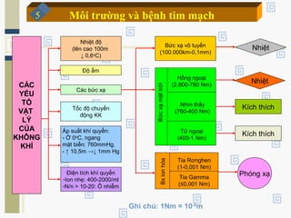 Ghi chú: 1Nm = 10-9
m
CÁC
YẾU
TỐ
VẬT
LÝ
CỦA
KHÔNG
KHÍ
Nhiệt độ
(lên cao 100m
↓ 0,6o
C)
Độ ẩm
Các bức xạ
Tốc độ chuyển
động KK
Áp suất khí quyển:
- Ở 0o
C, ngang
mặt biển: 760mmHg.
- ↑ 10,5m →↓ 1mm Hg
Điện tích khí quyển
-Ion nhẹ: 400-2000/ml
-N/n > 10-20: Ô nhiễm
Bức xạ vô tuyến
(100.000km-0,1mm)
Nhiệt
Nhiệt
Kích thích
Kích thích
Phóng xạ
Bứcxạmặttrời
Hồng ngoại
(2.800-760 Nm)
Nhìn thấy
(760-400 Nm)
Tử ngoại
(400-1 Nm)
Bxionhóa Tia Rơnghen
(1-0,001 Nm)
Tia Gamma
(≤0,001 Nm)
Môi trường và bệnh tim mạch5
 