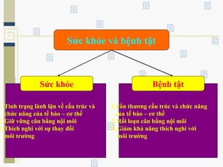 Sức khỏe và bệnh tật
1. Tình trạng lành lặn về cấu trúc và
chức năng của tế bào – cơ thể
2. Giữ vững cân bằng nội môi
3. Thích nghi với sự thay đổi
môi trường
1.Tổn thương cấu trúc và chức năng
của tế bào – cơ thể
2. Rối loạn cân bằng nội môi
3. Giảm khả năng thích nghi với
môi trường
Sức khỏe Bệnh tật
 