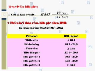 1. ChØsè khèi c¬ thÓ:
)(
)(
22
m
kg
H
WBMI =
Ph©n lo¹i BMI (kg/m2
)
ThiÕu c©n < 18,5
B×nh th­êng 18,5 - 24,9
Thõa c©n ≥ 25,0
TiÒn bÐo ph× 25, 0 - 29,9
BÐo ph× ®é 1 30,0 - 34,9
BÐo ph× ®é 2 35,0 - 39,9
BÐo ph× ®é 3 ≥ 40,0
+ Ph©n lo¹i thõa c©n, bÐo ph× theo BMI:+ Ph©n lo¹i thõa c©n, bÐo ph× theo BMI:
§èi víi ng­êi tr­ëngthµnh(WHO– 2002)
§¬n vÞ®o bÐo ph×:
 