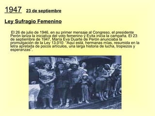 1947   23 de septiembre Ley Sufragio Femenino El 26 de julio de 1946, en su primer mensaje al Congreso, el presidente Perón lanza la iniciativa del voto femenino y Evita inicia la campaña. El 23 de septiembre de 1947, María Eva Duarte de Perón anunciaba la promulgación de la Ley 13.010: “Aquí está, hermanas mías, resumida en la letra apretada de pocos artículos, una larga historia de lucha, tropiezos y esperanzas”. 