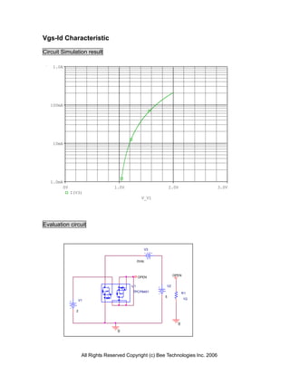 Vgs-Id Characteristic

Circuit Simulation result

    1.0A




   100mA




    10mA




   1.0mA
        0V                        1.0V                       2.0V                  3.0V
             I(V3)
                                                 V_V1




Evaluation circuit



                                                  V3


                                               0Vdc



                                                                  OPEN
                                               OPEN

                                          U1                 V2
                                          TPCP8401                      R1
                                                         5
                   V1                                                    1G


               2



                                                                    0
                                    0




                    All Rights Reserved Copyright (c) Bee Technologies Inc. 2006
 
