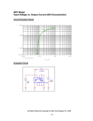 BRT Model
Input Voltage vs. Output Current (ON Characteristic)

Circuit Simulation Result

      60mA




      10mA




     1.0mA




     300uA
        100mV                      1.0V                           10V      100V
            I(VC_sense)
                                                V_V_IN


Evaluation Circuit


                             OUT
                                     VC_sense




                                                         V_OUT
                  V_IN                     U1            0.2Vdc
                  0Vdc                     TPCP8J01




              0             0              0        0




                   All Rights Reserved Copyright (c) Bee Technologies Inc. 2006

                                                         - 17 -
 