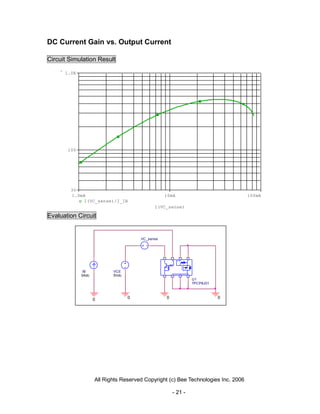 DC Current Gain vs. Output Current

Circuit Simulation Result

      1.0K




       100




        30
        1.0mA                                    10mA                              100mA
            I(VC_sense)/I_IB
                                            I(VC_sense)

Evaluation Circuit


                                      VC_sense




             IB            VCE
             0Adc          5Vdc
                                                              U1
                                                              TPCP8J01



                    0             0              0                       0




                    All Rights Reserved Copyright (c) Bee Technologies Inc. 2006

                                                     - 21 -
 