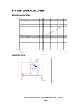 DC Current Gain vs. Output Current

Circuit Simulation Result
     1.0V




    100mV




     10mV
       1.0mA                                           10mA                          100mA
           V(OUT)
                                                       I_IC
Evaluation Circuit

                                OUT

                                       VC_sense




                                                U1
                                                TPCP8J01




                F
                GAIN = 0.05    0            0


                 F1



            0                                              IC
                                                            0Adc

                                                      0




                      All Rights Reserved Copyright (c) Bee Technologies Inc. 2006

                                                              - 23 -
 