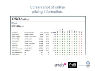 Screen shot of online pricing information. 