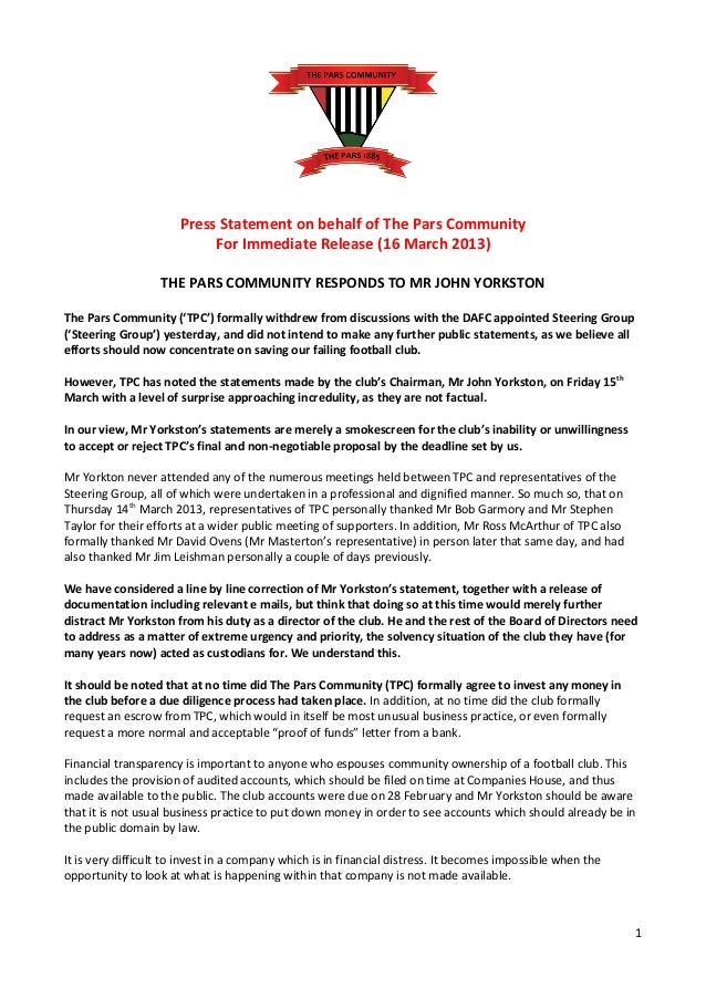 TPC Press Statement 16 March 2013