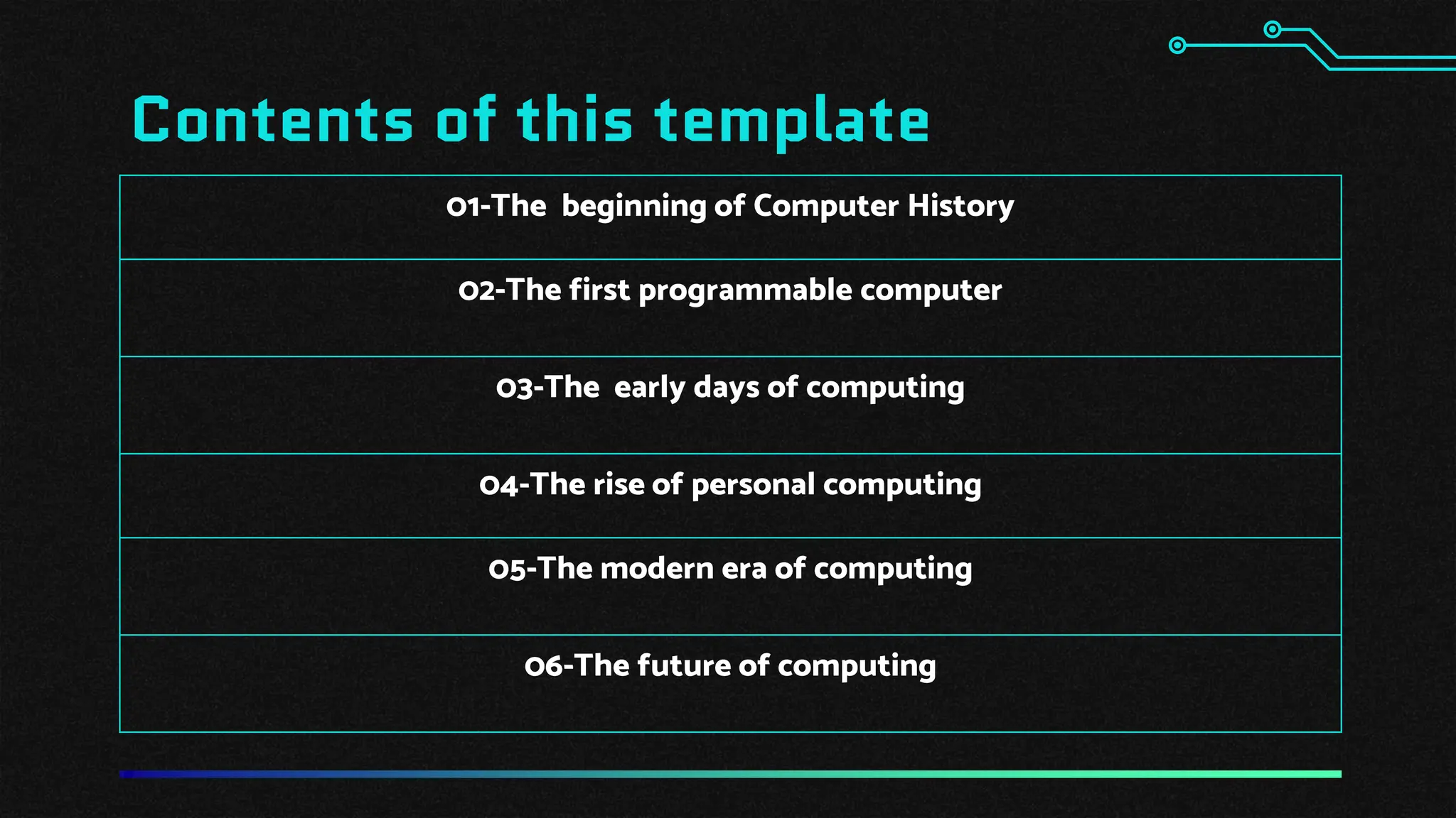 Contents of this template
01-The beginning of Computer History
02-The first programmable computer
03-The early days of computing
04-The rise of personal computing
05-The modern era of computing
06-The future of computing
 