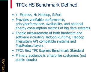 TPCx–HDTPCx-HSTPCx-HSTPCx-HSPCx-HS
TPCx-HS Benchmark Defined
• x: Express, H: Hadoop, S:Sort
• Provides verifiable performance,
price/performance, availability, and optional
energy consumption metrics of big data systems
• Enable measurement of both hardware and
software including Hadoop Runtime, Hadoop
Filesystem API compatible systems and
MapReduce layers
• TPC’s first TPC Express Benchmark Standard
• Primary audience is enterprise customers (not
public clouds)
 