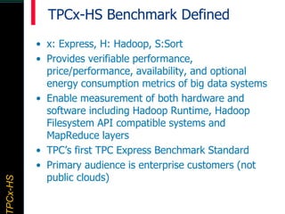 TPCx–HDTPCx-HSTPCx-HSTPCx-HSPCx-HS
TPCx-HS Benchmark Defined
• x: Express, H: Hadoop, S:Sort
• Provides verifiable perform...