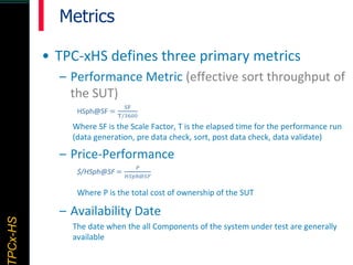 TPCx–HDTPCx-HSTPCx-HSTPCx-HSPCx-HS
Metrics
• TPC-xHS defines three primary metrics
– Performance Metric (effective sort th...