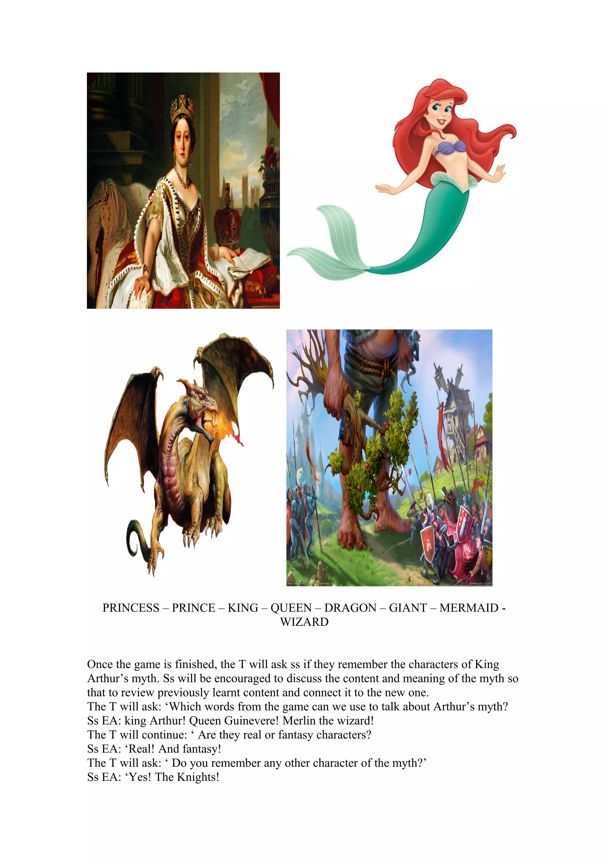 PRINCESS – PRINCE – KING – QUEEN – DRAGON – GIANT – MERMAID -
WIZARD
Once the game is finished, the T will ask ss if they remember the characters of King
Arthur’s myth. Ss will be encouraged to discuss the content and meaning of the myth so
that to review previously learnt content and connect it to the new one.
The T will ask: ‘Which words from the game can we use to talk about Arthur’s myth?
Ss EA: king Arthur! Queen Guinevere! Merlin the wizard!
The T will continue: ‘ Are they real or fantasy characters?
Ss EA: ‘Real! And fantasy!
The T will ask: ‘ Do you remember any other character of the myth?’
Ss EA: ‘Yes! The Knights!
 