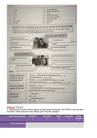 Closure: Timing 2’
T: Great work! Did you like the topics we discussed during this unit? Which one was your
favourite? What was the most difficult part? And the easiest?
Lesson plan component Excellent
5
Very Good
4
Good
3
Acceptable
2
Below
Standard
1
Visual organization
 