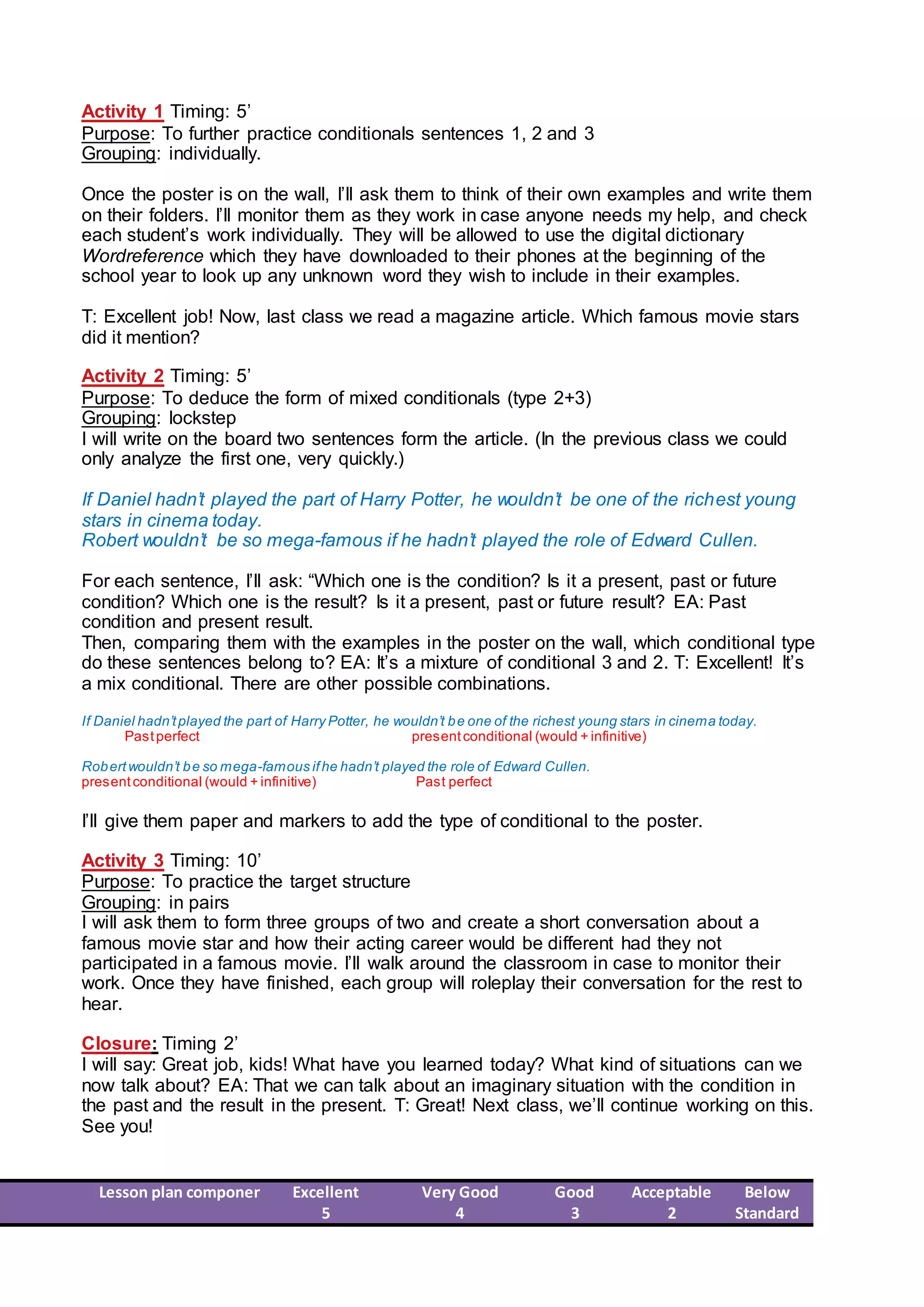 Activity 1 Timing: 5’
Purpose: To further practice conditionals sentences 1, 2 and 3
Grouping: individually.
Once the poster is on the wall, I’ll ask them to think of their own examples and write them
on their folders. I’ll monitor them as they work in case anyone needs my help, and check
each student’s work individually. They will be allowed to use the digital dictionary
Wordreference which they have downloaded to their phones at the beginning of the
school year to look up any unknown word they wish to include in their examples.
T: Excellent job! Now, last class we read a magazine article. Which famous movie stars
did it mention?
Activity 2 Timing: 5’
Purpose: To deduce the form of mixed conditionals (type 2+3)
Grouping: lockstep
I will write on the board two sentences form the article. (In the previous class we could
only analyze the first one, very quickly.)
If Daniel hadn’t played the part of Harry Potter, he wouldn’t be one of the richest young
stars in cinema today.
Robert wouldn’t be so mega-famous if he hadn’t played the role of Edward Cullen.
For each sentence, I’ll ask: “Which one is the condition? Is it a present, past or future
condition? Which one is the result? Is it a present, past or future result? EA: Past
condition and present result.
Then, comparing them with the examples in the poster on the wall, which conditional type
do these sentences belong to? EA: It’s a mixture of conditional 3 and 2. T: Excellent! It’s
a mix conditional. There are other possible combinations.
If Daniel hadn’tplayed the part of Harry Potter, he wouldn’t be one of the richest young stars in cinema today.
Pastperfect presentconditional (would + infinitive)
Robertwouldn’t be so mega-famous ifhe hadn’t played the role of Edward Cullen.
presentconditional (would + infinitive) Past perfect
I’ll give them paper and markers to add the type of conditional to the poster.
Activity 3 Timing: 10’
Purpose: To practice the target structure
Grouping: in pairs
I will ask them to form three groups of two and create a short conversation about a
famous movie star and how their acting career would be different had they not
participated in a famous movie. I’ll walk around the classroom in case to monitor their
work. Once they have finished, each group will roleplay their conversation for the rest to
hear.
Closure: Timing 2’
I will say: Great job, kids! What have you learned today? What kind of situations can we
now talk about? EA: That we can talk about an imaginary situation with the condition in
the past and the result in the present. T: Great! Next class, we’ll continue working on this.
See you!
Lesson plan component Excellent
5
Very Good
4
Good
3
Acceptable
2
Below
Standard
 