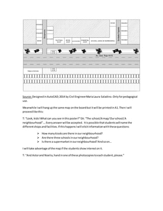 Source:DesignedinAutoCAD;2014 by Civil EngineerMariaLaura Saladino.Onlyforpedagogical
use.
Meanwhile Iwill hangupthe same map onthe boardbut itwill be printedinA1.ThenI will
proceedlike this:
T: “Look, kids!Whatcan yousee inthisposter?”EA: “The school/A map/Ourschool/A
neighbourhood”.…Everyanswerwillbe accepted. Itispossible thatstudentswillname the
differentshopsandfacilities.If thishappensIwill elicitinformationwiththesequestions:
 How manykiosksare there inour neighbourhood?
 Are there three schoolsinourneighbourhood?
 Is there a supermarketinourneighbourhood?Andsoon…
I will take advantage of the mapif the studentsshow interestonit.
T: “And Astorand Noelia,handinone of these photocopiestoeachstudent,please.”
 